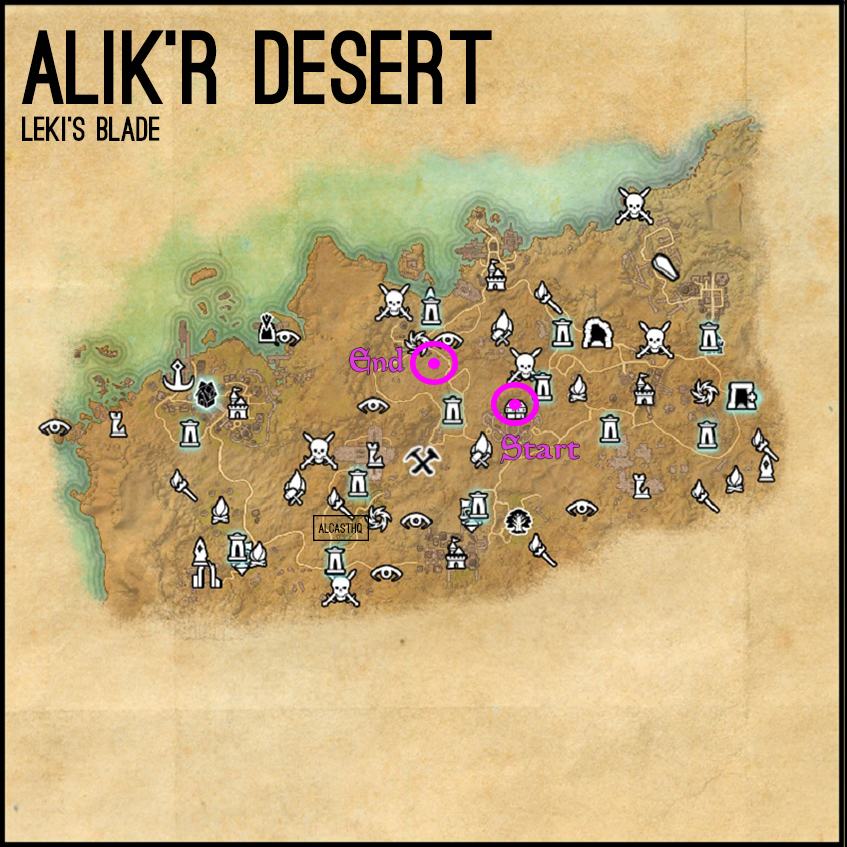 Alik'r Desert Leki's Blade Map clues for the Psijic Order Leveling Guide