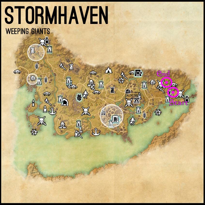 Stormhaven Weeping Giants clue Map for the Psijic Order Leveling Guide