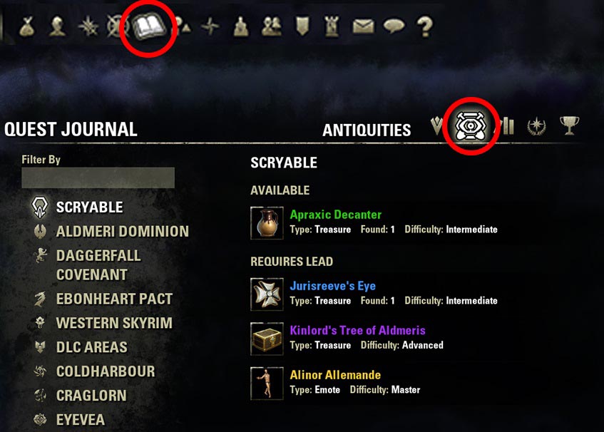 1 Antiquities Lead Location Account wide ESO