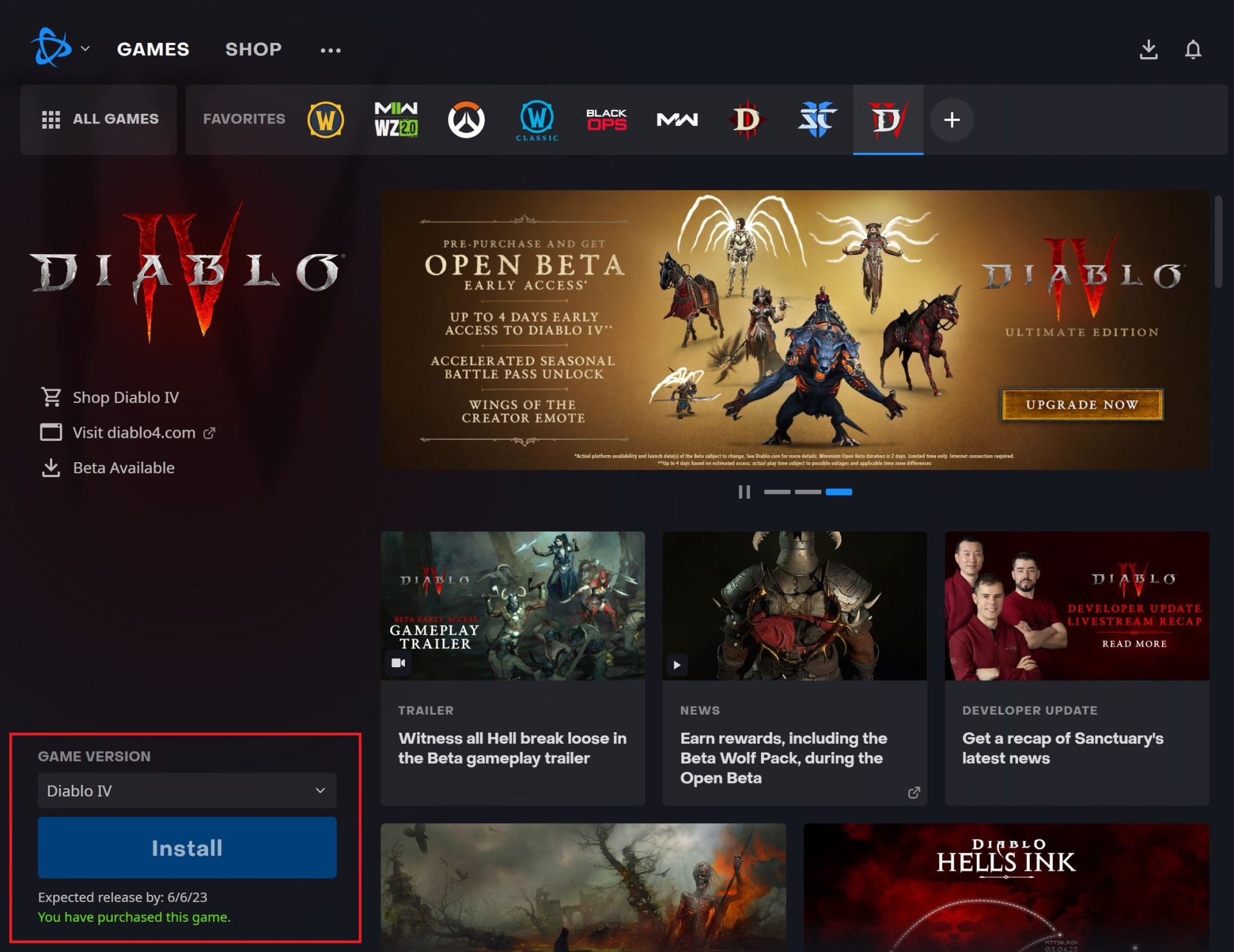 select bottom left side in launcher to pre-install diablo 4 beta