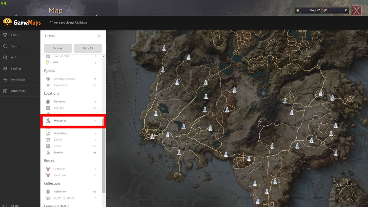 Throne and Liberty Map Waypoints all locations
