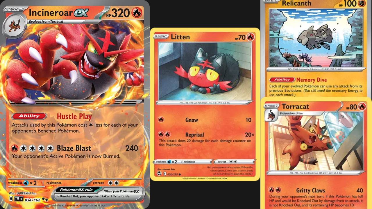 Incineroar Ex, Litten, Torracat and Relicanth Pokemon Cards