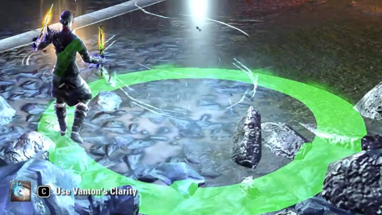 A player standing at a green circle that gives synergy Sanitys Edge Trial ESO