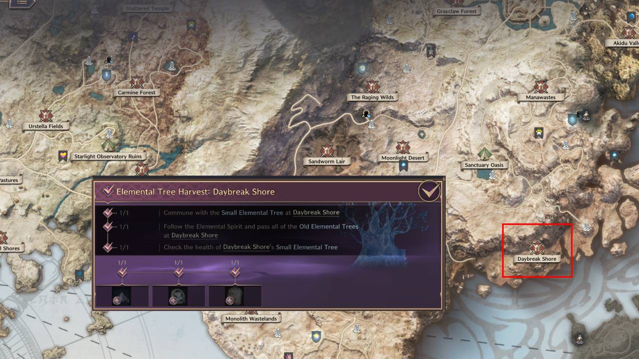 Daybreak Shore Elemental Tree HArvest quest location TL