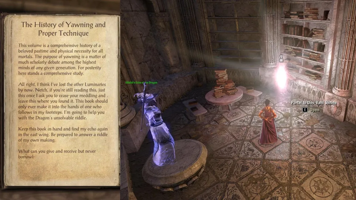 The echo gives you a riddle, (all options are accepted) and tells the next notes are hidden in Dov-Vahl Shrine in Elsweyr.