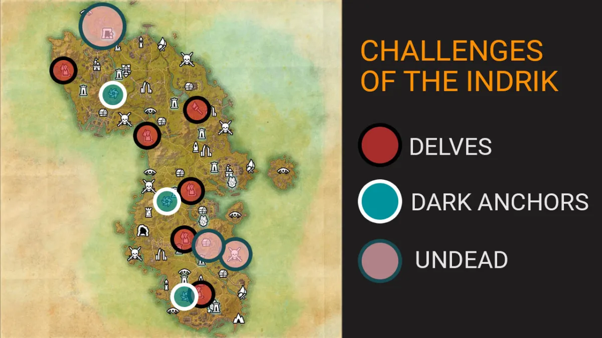 Challenge of the Indrik map detailing where to find delves, dolmens and some undead
