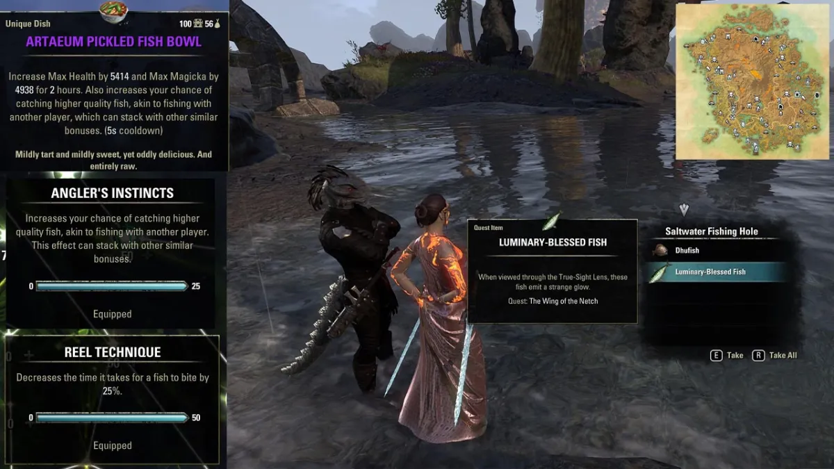 Catch three Luminary-Blessed Fish. Any fishing node in Vvardenfell will work. All buffs that help you catch higher quality fish will also help you here. Champion Points: Reel Technique and Angler's Instincts, Food: Artaeum Pickled Fish Bowl and the Companion Sharp-as-Night "Sharp's Patience" passive buff.
