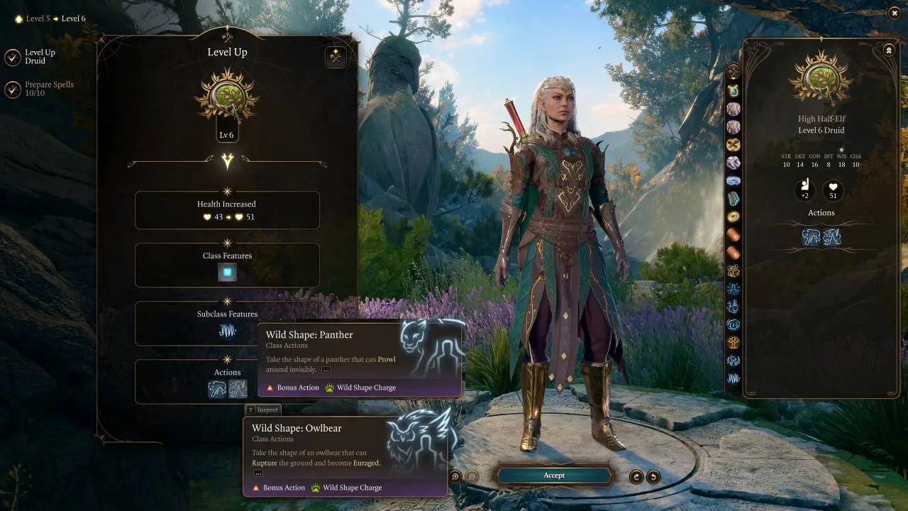 BG3 Druid Build LEvel 6 Panther and Owlbear
