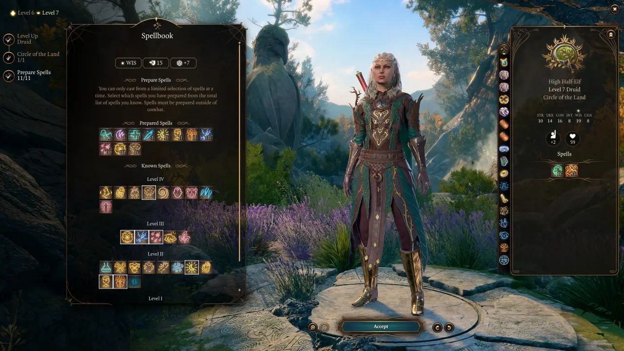 BG3 Jaheira BUild level 7 spells setup