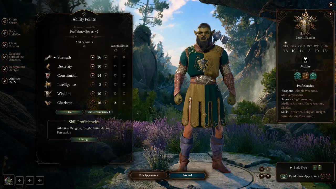 Best BG3 Paladin Build Level 1 stats abilities