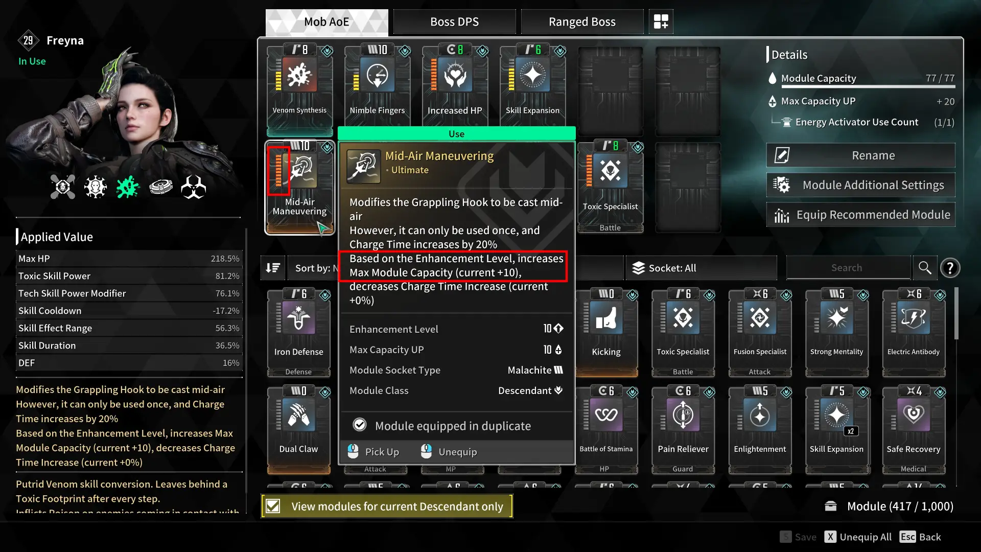 MAx out Grapple Hook Module Sub attack for extra capacity TFD