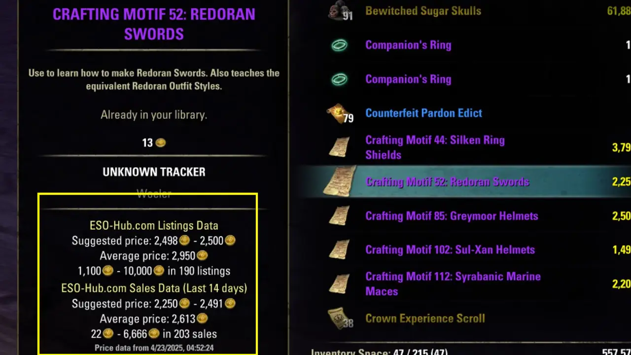 ESO Hub Trading Addon ingame tooltips