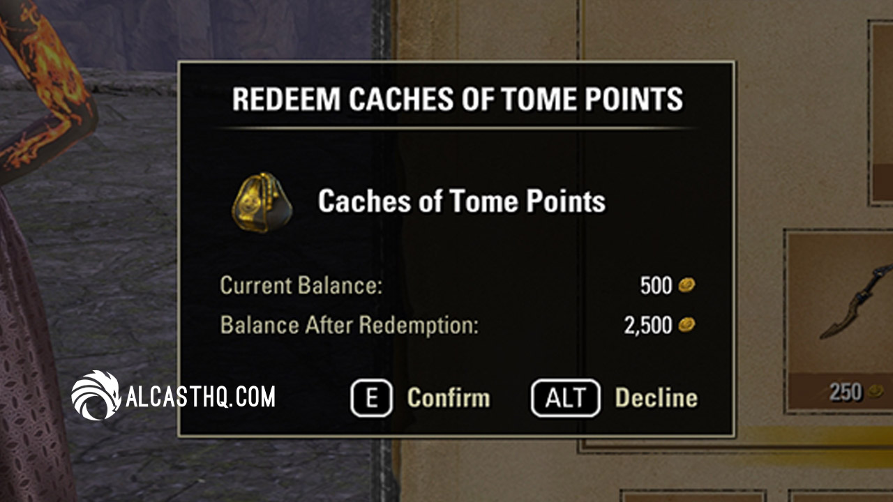 How to Redeem Caches of Tome Points UI in ESO showing the balance before and after
