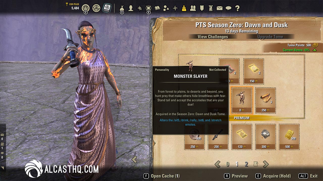 ESO Tamriel Tomes page 1 showing Monster Slayer personality and premium rewards with Tome Point costs