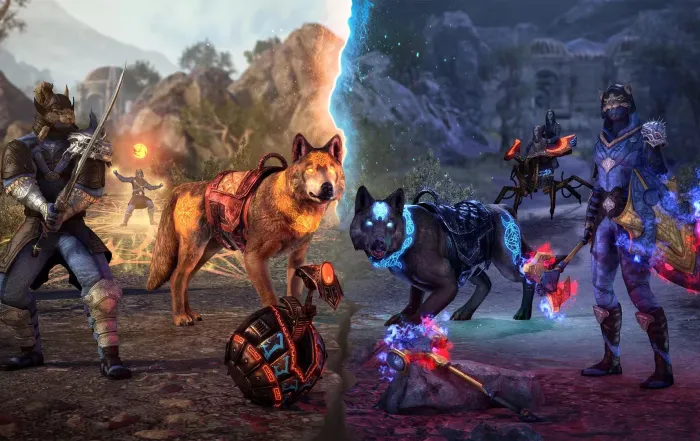 Premium track rewards, including the Dungeon Delver Theodolite pet and Winterhold Empyrean Wolf mount in ESO