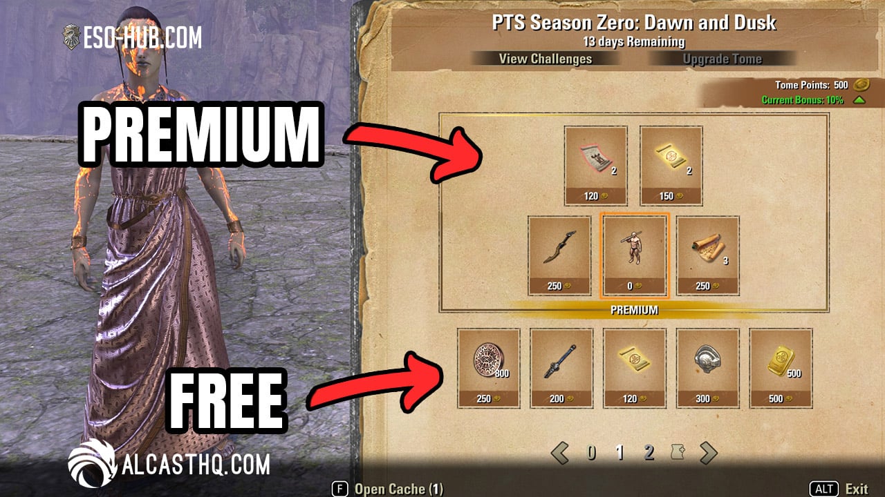 ESO Tamriel Tomes screen showing free and premium reward pages in Season Zero