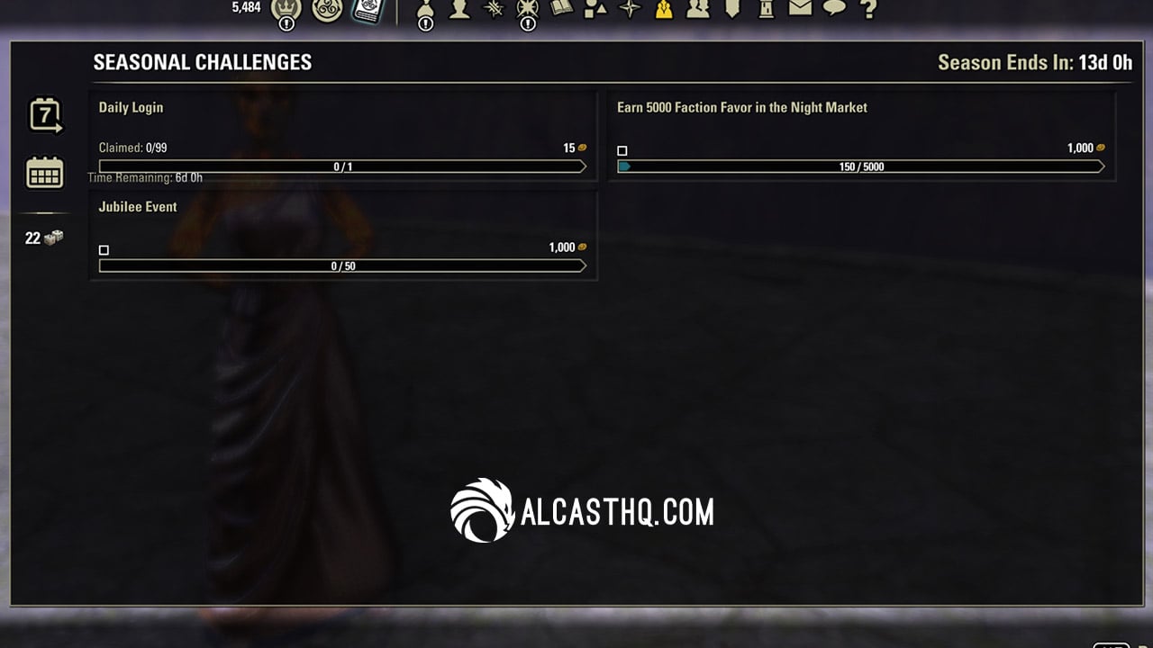 ESO Tamriel Tomes seasonal challenges tab showing Daily Login and event challenges
