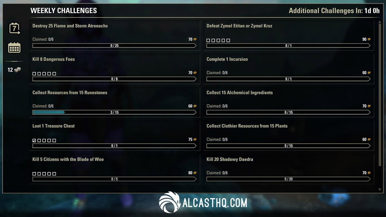 ESO Tamriel Tomes weekly challenges screen with progress bars and Tome Point rewards