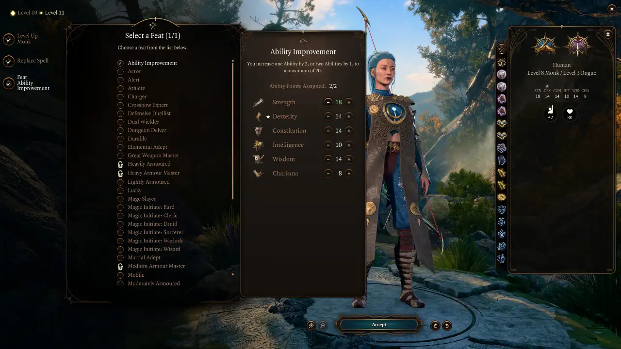 BG3 Elementalist Monk Rogue Build level 11